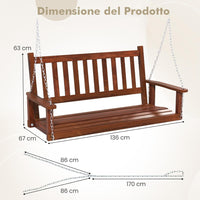 Altalena da Giardino in Legno per 2 Persone, Panchina Sospese in Legno con Capacità di Peso di 230 kg, Sedia a Dondolo per Giardino, Cortile (136 x 67 x 63 cm, Marrone)