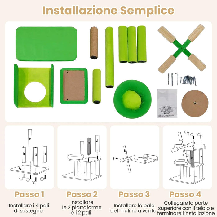 Tiragraffi a Forma di Mulino a Vento, Albero per Gatti con Lettino, Imbottitura Rotonda e Piattaforma Superiore con Paratie Anticaduta, Torre per Animali Domestici Interno, Verde e Naturale