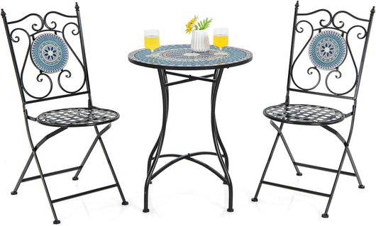 Set da Giardino 3 Pezzi,Set da Pranzo in Metallo Robusto a Mosaico, con 2 Sedie Pieghevoli, Set Tavolo e Sedie per Interno ed Esterno (Blu)