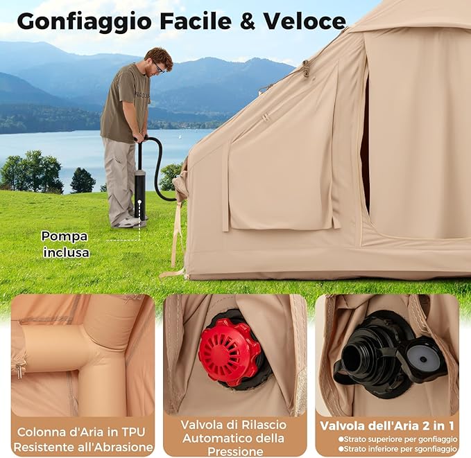 Tenda da Campeggio Gonfiabile, Tenda da Campeggio in Tessuto Oxford per 4-6 Persone con Pompa, Finestre a Rete, Porte e Borsa da Trasporto, 300 x 210 x 197 cm
