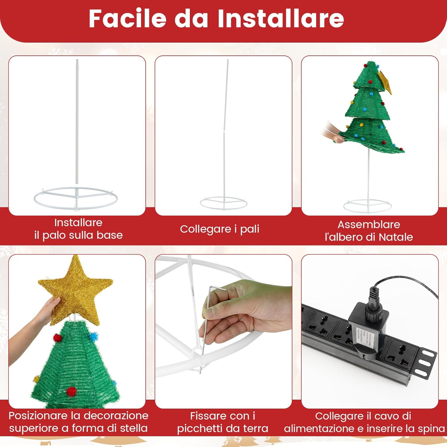 Albero di Natale Pieghevole 190 cm, Decorazione dell'Albero di Natale con 200 Luci LED, Stella in Cima, Palline di Peluche, Decorazione Natalizia per Casa, Giardino, Negozio