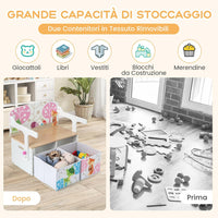 Cassapanca Contenitore 3 in 1 per Bambini Trasformabile in Legno con 2 Cassetti in Tessuto, Tavolo bambini con Sedie Multifunzione, Scatola dei Giocattoli per 3-7 Anni (Bianco)