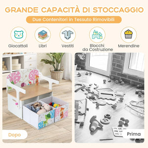 Cassapanca Contenitore 3 in 1 per Bambini Trasformabile in Legno con 2 Cassetti in Tessuto, Tavolo bambini con Sedie Multifunzione, Scatola dei Giocattoli per 3-7 Anni (Bianco)
