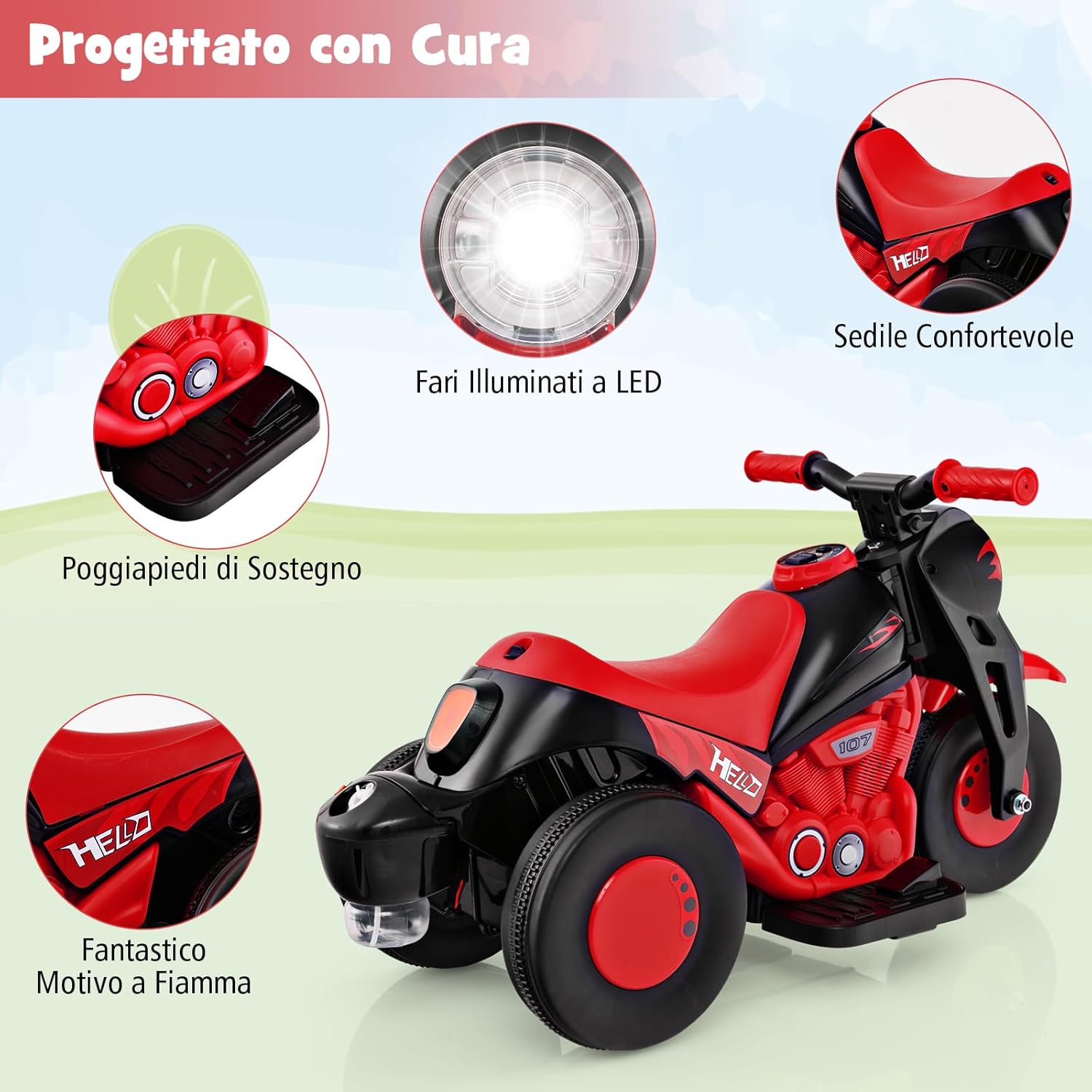 Moto Elettrica per Bambini con Creatore di Bolle, Auto a Bolle per Bambini da 6V, Pulsante Musicale, Faretto a LED, Capacità di 30 kg, per Bambini 3+ anni (Rosso)