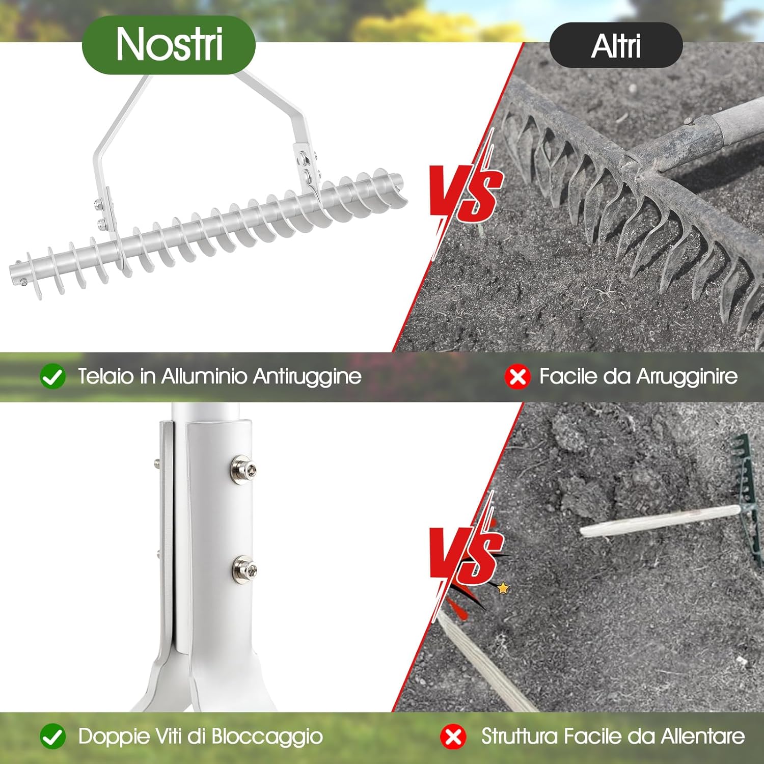 Arieggiatore per Prato 178 cm, Rastrello per Allentare Suolo da 50 cm in Alluminio con Manico Lungo e 19 Denti Curvi, Arieggiatore Manuale da Giardino e Cortile