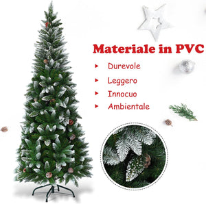 Albero di Natale Innevato 180/220 cm, Albero di Natale Slim con Pigne, Base di Metallo e Rami Rigogliosi in PVC, Ideale per Casa, Ufficio e Negozio (180 cm)