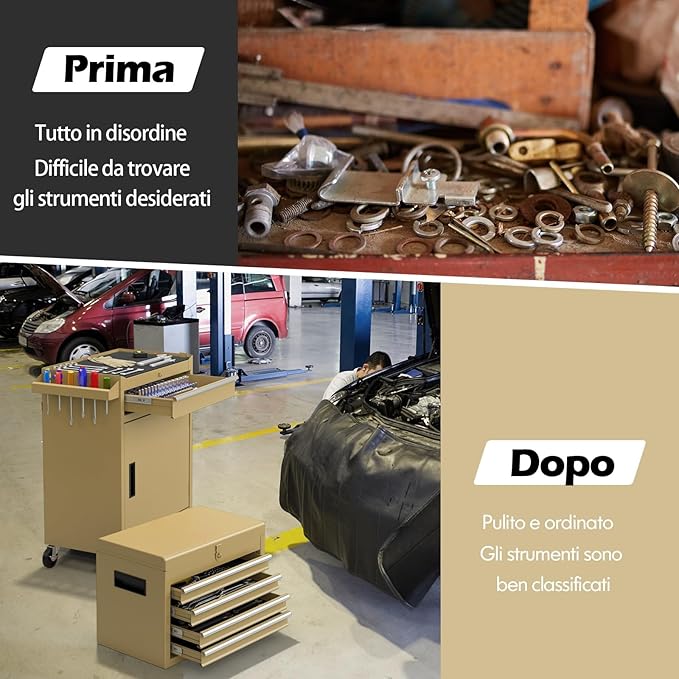 Cassettiera Portautensili a 4 Cassetti, Carrello per Attrezzi con Ruote Bloccabili Ripiano Regolabile e Rivestimento Antiscivolo, 59 x 28 x 102 cm (Giallo Deserto)