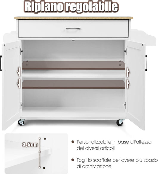 Carrello da Cucina con Ruote di Gomma, Scaffale per Microonde Carrello Servizio, Credenza Cucina Legno Moderno Elegante, 116 x 37 x 85 cm (Bianco)