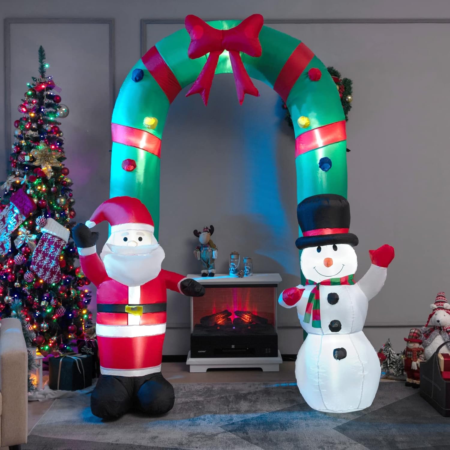 Arco di Natale Gonfiabile 245 cm, Decorazione Gonfiabile da Esterno con Babbo Natale e Pupazzo di Neve, con Luci LED Brillanti e Soffiatore Integrato, Decorazione di Benvenuto per Festa