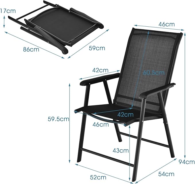 Set di 2 Sedie Pieghevoli, Sedia da Esterno con Struttura in Ferro Resistente, Con Braccioli, Ideale per Campeggio Spiaggia, 68 x 59 x 93cm (Nero)