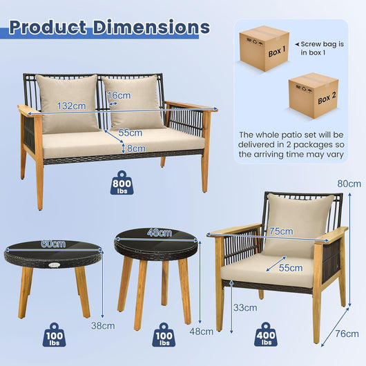 Set di mobili da giardino in rattan, set di mobili da giardino con telaio in legno di acacia, cuscini per sedile e schienale ergonomico, mobili da esterno per cortile, terrazza, giardino