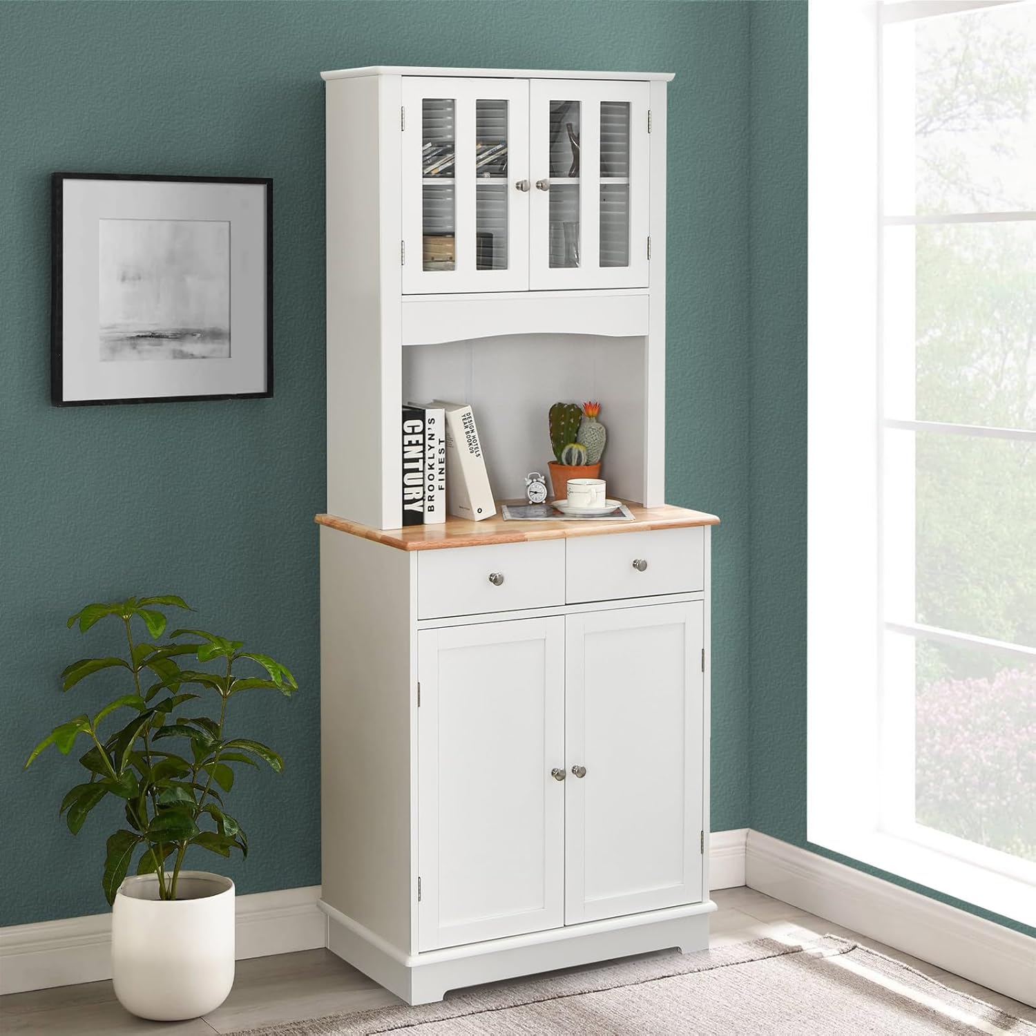 Mobile dispensa da cucina autoportante, Buffet con Piano in Legno, Credenza e 2 Cassetti, Ripiani Regolabili, Armadietto con Ante in Vetro, Spazio Aperto per Forno a Microonde, Bianco