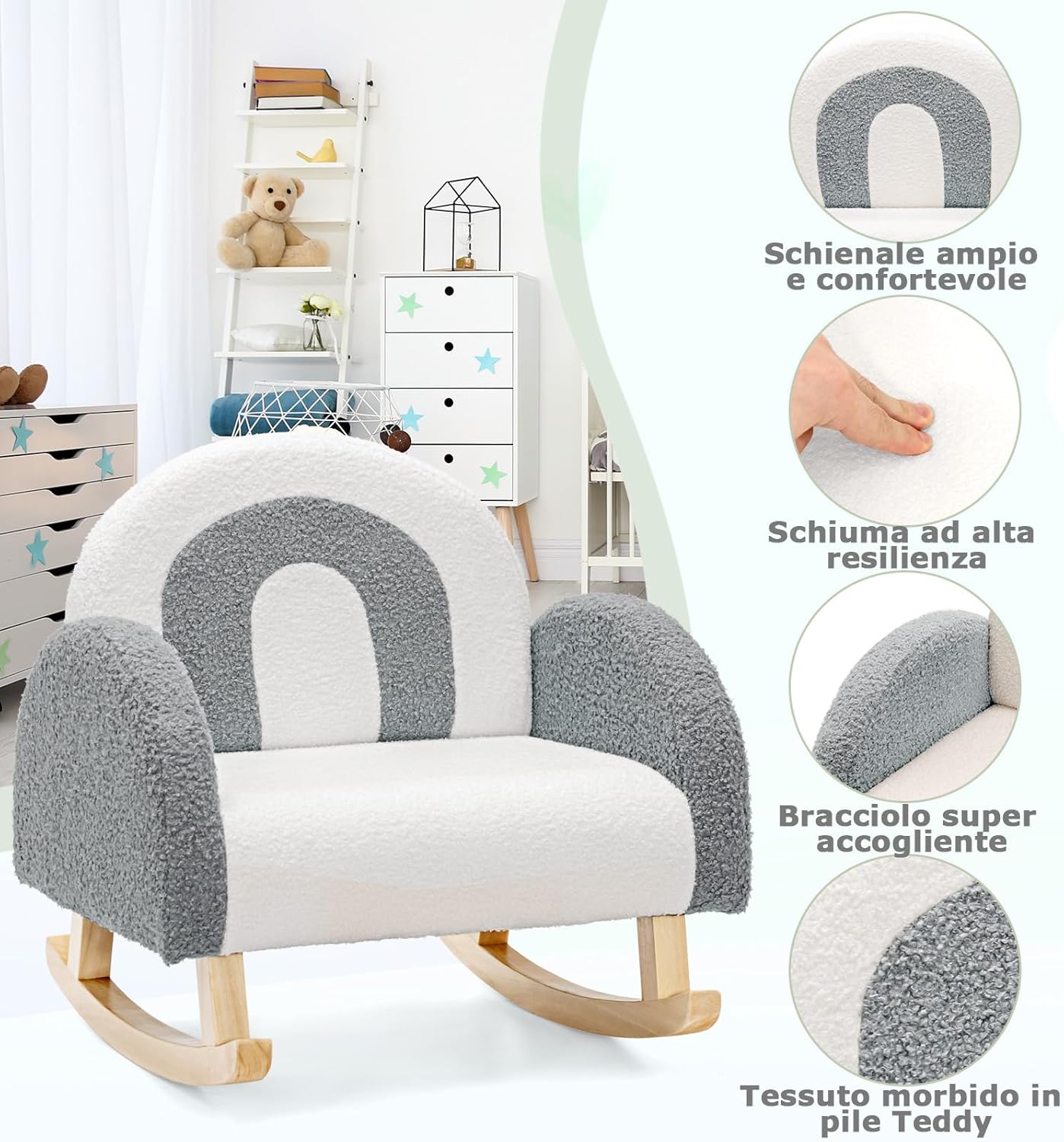 Sedia a Dondolo per Bambini con Gambe in Legno Massiccio, Poltrona a Dondolo per Bambini con Cuscinetti Antiscivolo, per Stanza dei Giochi, Camera da Letto, Scuola Materna (Grigio)
