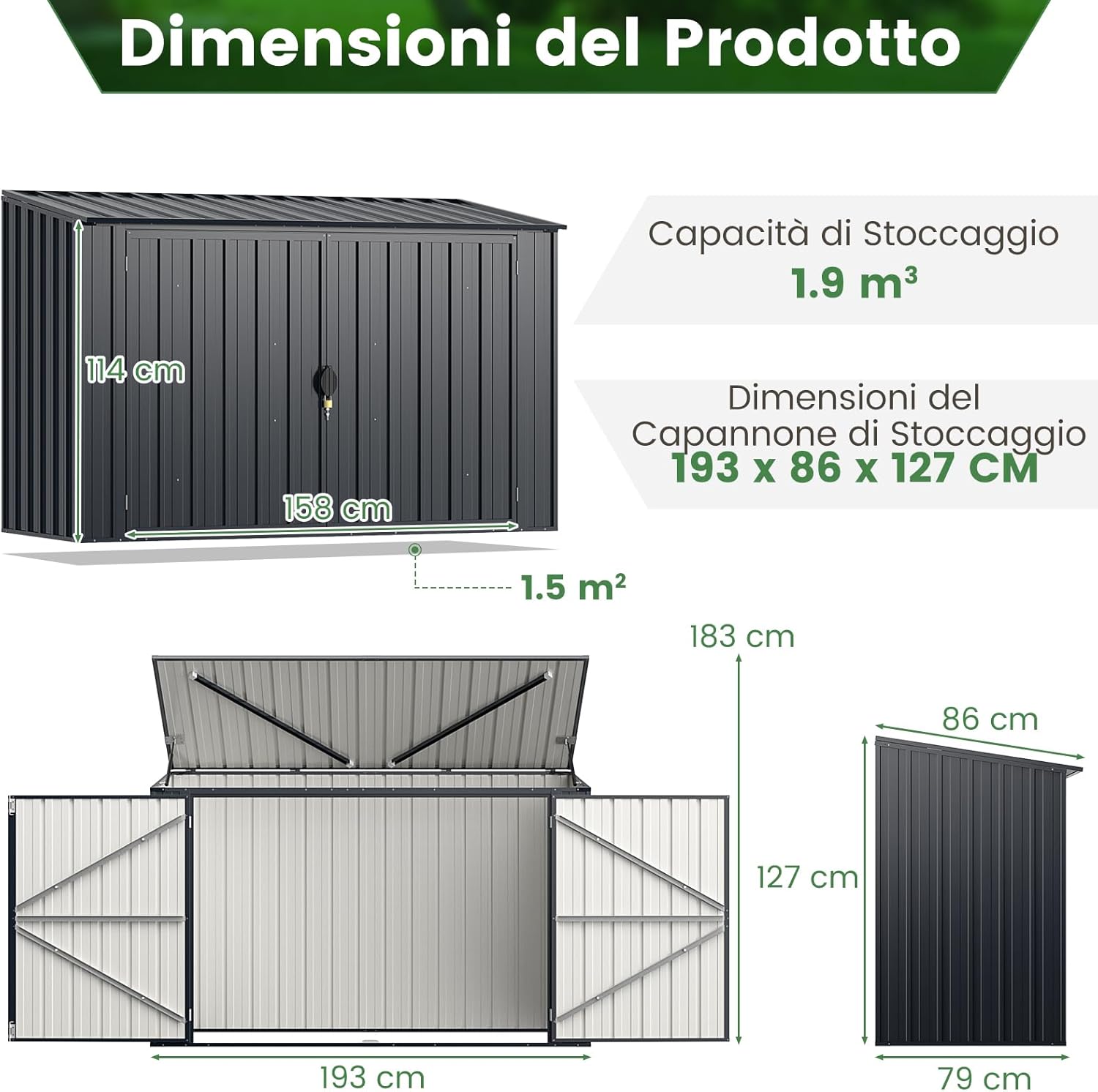 Casetta per Spazzatura Esterna 1,5 m², Capanno Attrezzi Giardino in Metallo Zincato Resistente alle Intemperie con Porta Bloccabile e Tetto Apribile, Struttura a Scatto Pratica