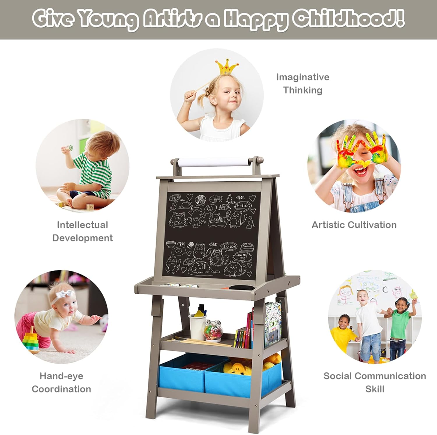 3 in 1 Cavalletto per Bambini con Doppia Faccia, Cavalletto per Disegno con 2 Vassoi e 2 Scatole, Lavagna Bambini in Legno (Grigio)