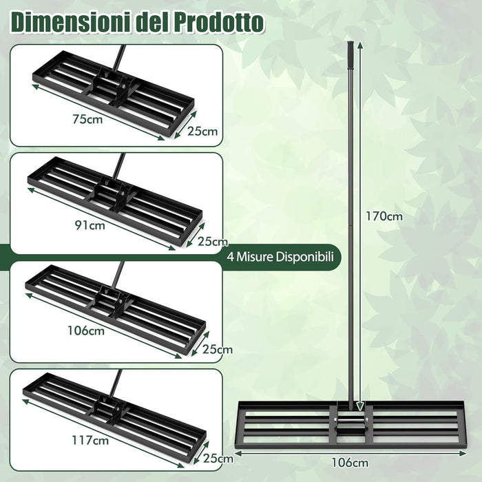 Rastrello Livellatore per Prato, Attrezzo per la Livellatura del Prato con Manico Ergonomico, Livellatrice per Giardino, Cortile, Campo da Golf, Fattoria e Pascolo (Nero 106 x 25 cm)