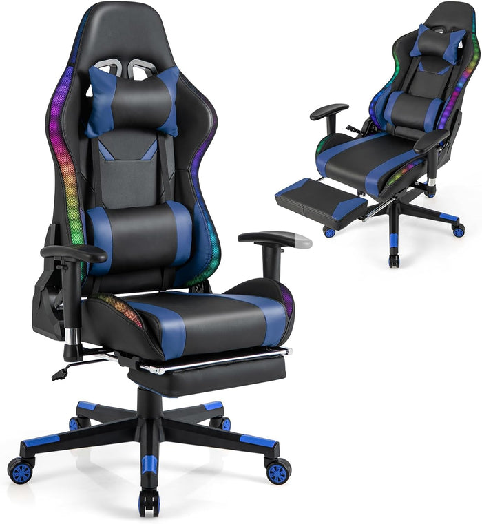 Sedia da Ufficio Ergonomica per Computer con Altezza Regolabile, Sedia da Gaming con Luci RGB LED, Schienale e Braccioli Regolabili, Poggiapiedi Estraibile e Supporto Lombare (Blu)