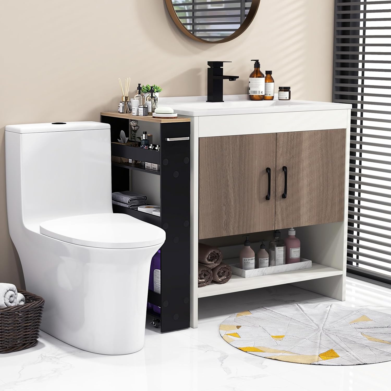 Carrello Portaoggetti da Cucina, Scaffale con Maniglia Laterale e Ruote, Carrello Salvaspazio con 3 Scaffali Stretti, 47,5x13x80,5 cm (Naturale+Nero)