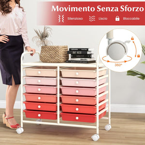 Carrello di Stoccaggio con 12 Cassetti, Carrello portaoggetti con 4 Ruote, Carrello Multiuso per Scuola Ufficio Cucina, 64 x 38 x 62 cm (12 cassetti Rosa sfumato)