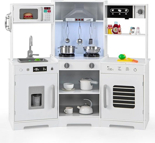 Cucina Giocattolo per Bambini, Cucina Legno per Bambini Con Forno, Microonde, Macchina del Ghiaccio, Macchina per Caffè, Lavello e Rubinetto, Con Suoni e Luci, per Bambini 3+ Anni (Bianco)