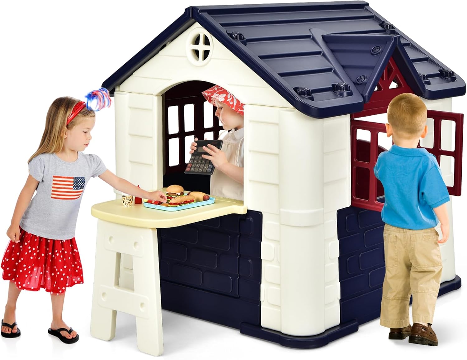 Casetta per Bambini con Porte e Finestre, Casetta Giocattolo con Tavolo, Set Giocattolo con 7 Pezzi, Ideale per Bambini 3-8 Anni, 164x124x132 cm (Blu)