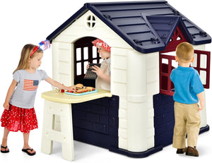 Casetta per Bambini con Porte e Finestre, Casetta Giocattolo con Tavolo, Set Giocattolo con 7 Pezzi, Ideale per Bambini 3-8 Anni, 164x124x132 cm (Blu)