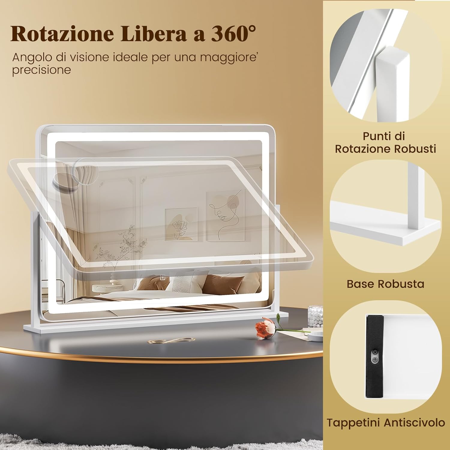 Speechio da Trucco con Luci Regolabile in Luminosit¨¤ e a 3 Colori, Specchio da Tavolo con Specchio Ingrendimento 10X, Specchio da Trucco a Rotazione, 80 x 55 cm, Bianco