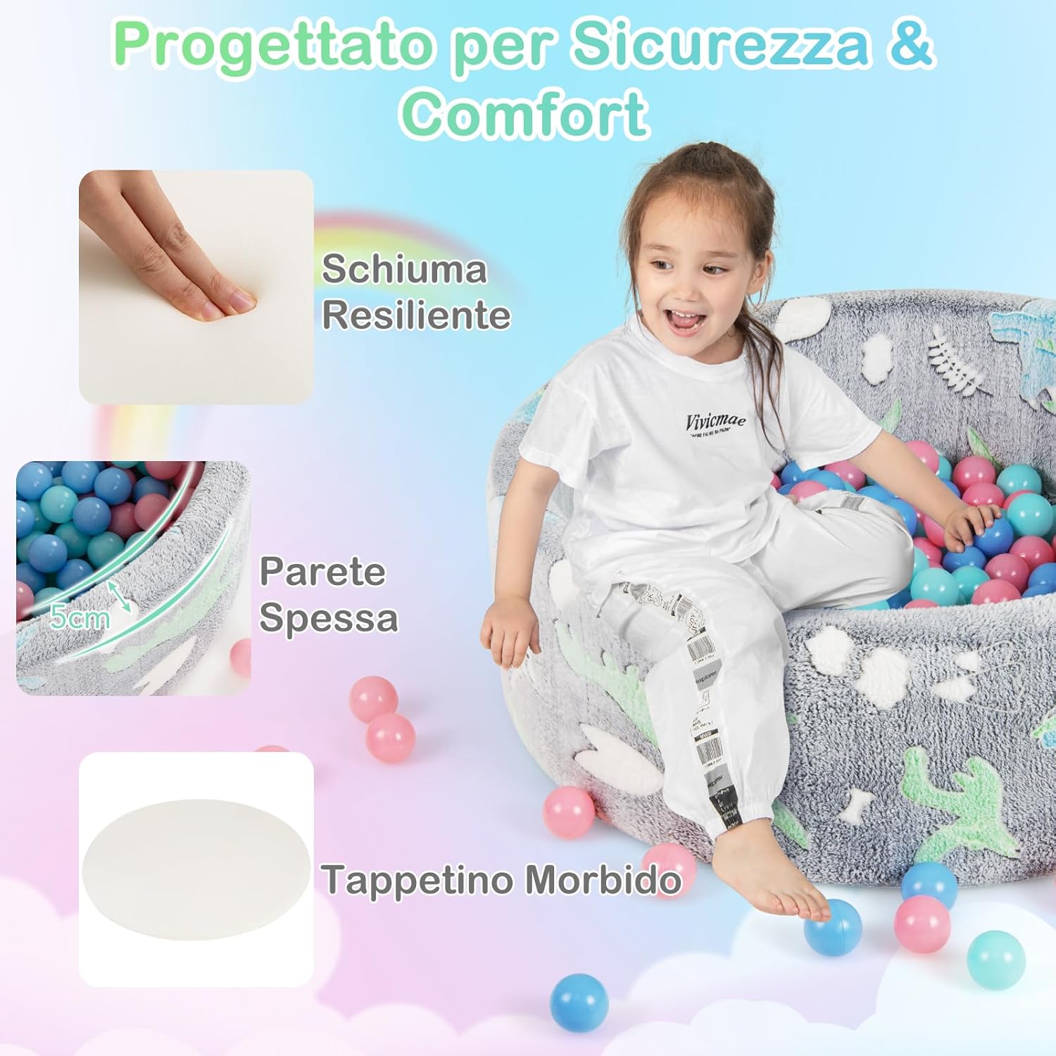 86 x 30 cm/200 Palline ∅5,5 cm Piscina di Palline Colorate per Bambini Luminosi nel Buio, Vaso con Palline in Schiuma Morbido e Lavabile in Lavatrice, Piscinatta da Gioco