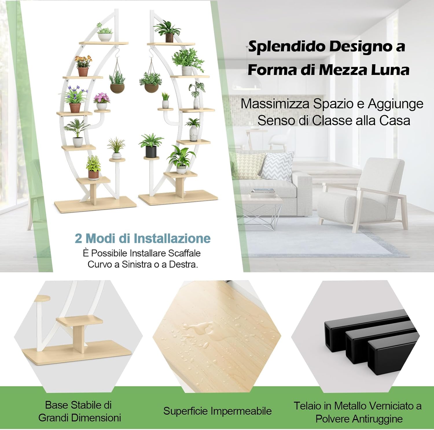 Scaffale per Piante a 7 Livelli, Scaffale a Forma di Mezza Luna con Gancio e Dispositivo Antiribaltamento, Porta Piante e Fiori per Interno, Balcone e Soggiorno (1 PEZZO BIANCO)