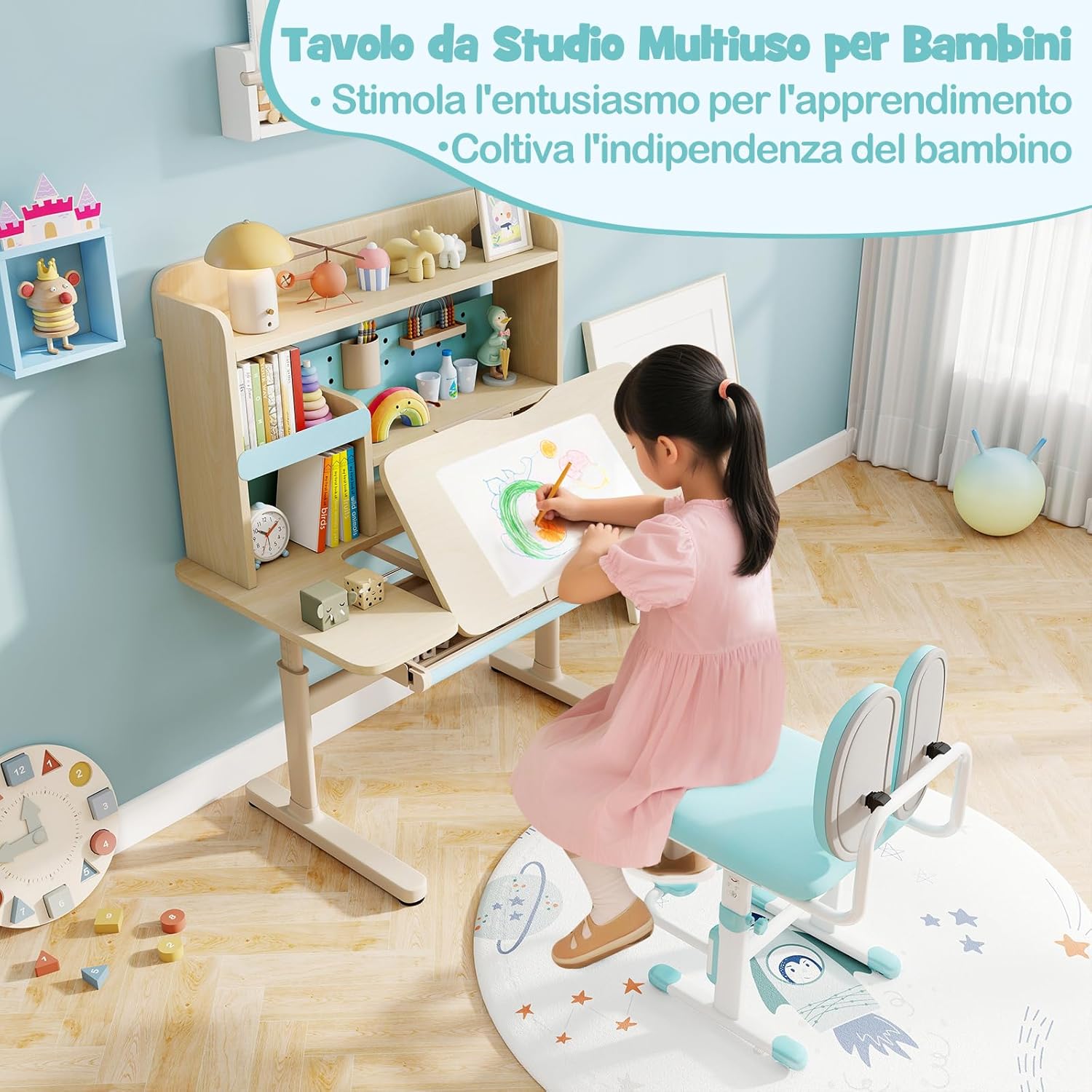 Scrivania per Bambini 3+ Anni, Tavolo da Studio Regolabile in Altezza con Libreria e Cassetto, Piano Inclinabile, Mensole, Leggio e Portapenne, Scrivania per Studiare (Blu)