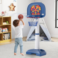 4 in 1 Pallacanestro per Bambini, Canestro da Basket Regolabile con Gioco dell'Anello, Palla Appiccicosa e Set da Golf, 53x51x100-140 cm