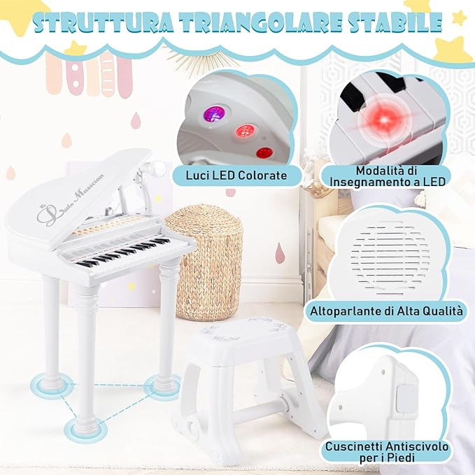 Tastiera Pianoforte a 31 Tasti con Microfono e Sgabello, Pianoforte Giocattolo Portatile con Modalità di Insegnamento a LED, Pianoforte a Coda per Bambini 3+ Anni (Bianco), 35 x 30 x 55 cm