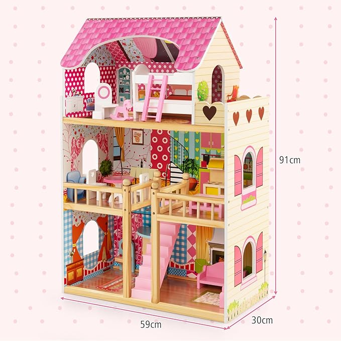 Casa delle Bambole in Legno, Casetta delle Bambole per Bambini, 3 Piani, 6 Stanze Simulate e 15 Pezzi di Mobili, Giocattolo per Bambini 3+ anni, Rosa