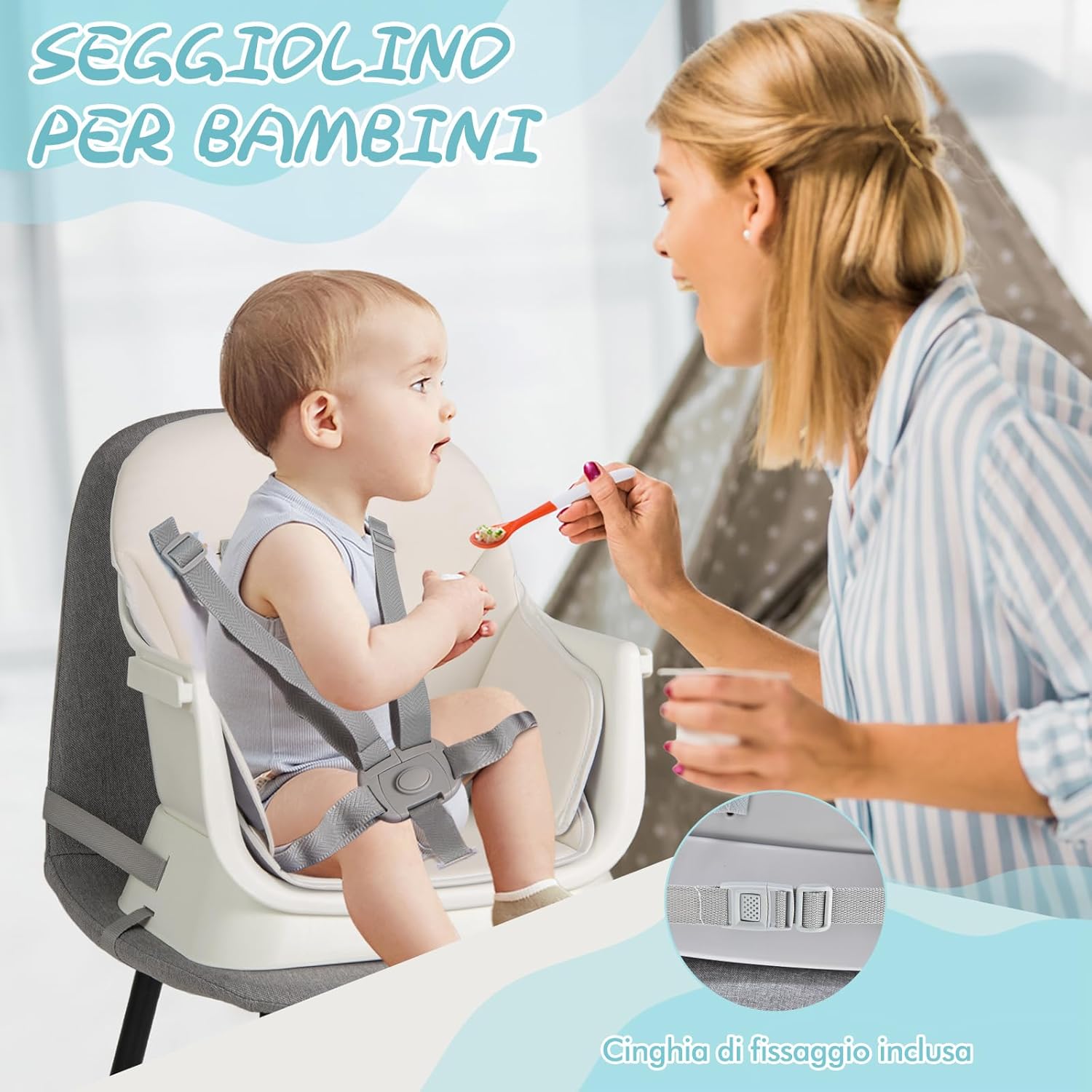 Seggiolone Pappa per Bambini 6 in 1, Seggiolone per Neonati Convertibile, Tavolo per Costruzioni per Bambini, con Imbracatura a 5 Punti, per Bambini da 6 Mesi fino 3 Anni (Bianco+Naturale)