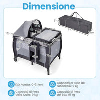 3-in-1 Lettino da Campeggio per Bambini, Lettino Portatile per Neonati con Fasciatoio, Culla Pieghevole con Materasso e Borsa da Trasporto, 2 Ruote Bloccabili, per Bambini 0-36 Mesi