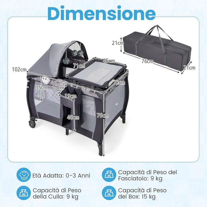 3-in-1 Lettino da Campeggio per Bambini, Lettino Portatile per Neonati con Fasciatoio, Culla Pieghevole con Materasso e Borsa da Trasporto, 2 Ruote Bloccabili, per Bambini 0-36 Mesi