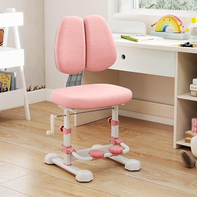 Sedia da Studio per Bambini, Poltrona Ergonomica da Scrivania con Schienale Doppio Regolabile e Poggiapiedi, Sedia Regolabile in Altezza Senza Braccioli per Bambini 3+ Anni (Rosa)