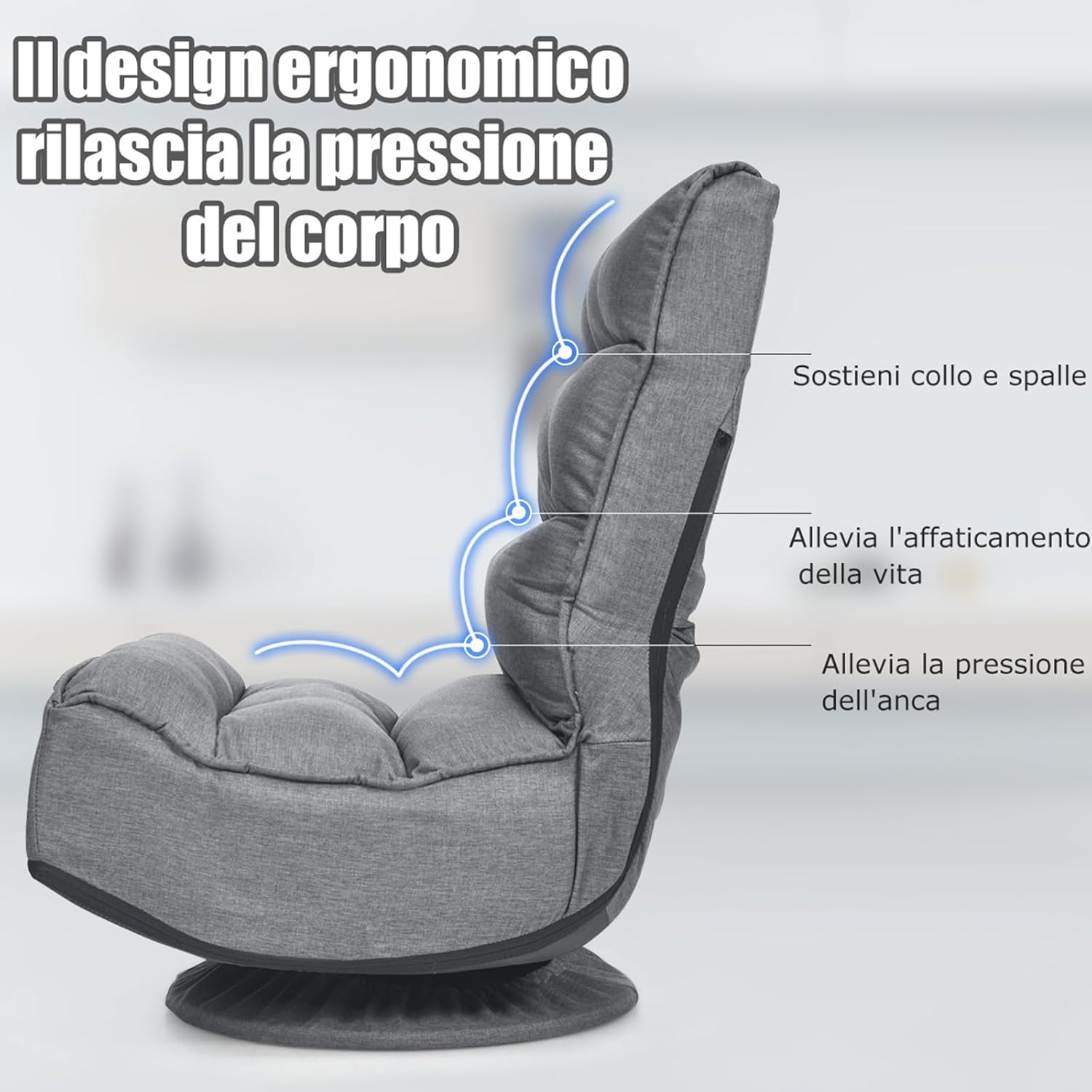 Poltrona Relax da Terra Pieghevole Reclinabile Girevole, Poltrone da Divano per Studio Salotto, con Schienale, Ottima per Rilassarti (Grigio)