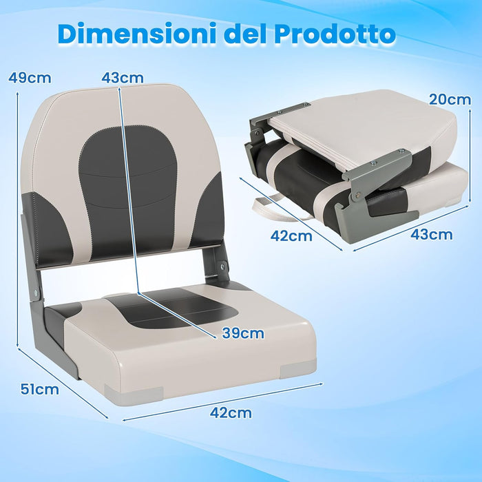 Set di 2 Sedie da Barca, Sedili da Barca Pieghevole Morbide Imbottite Spesse, Sedile Nautica Ergonomico per Imbarcazioni da Pesca, 51 x 42 x 49 cm, Bianco e Girigio