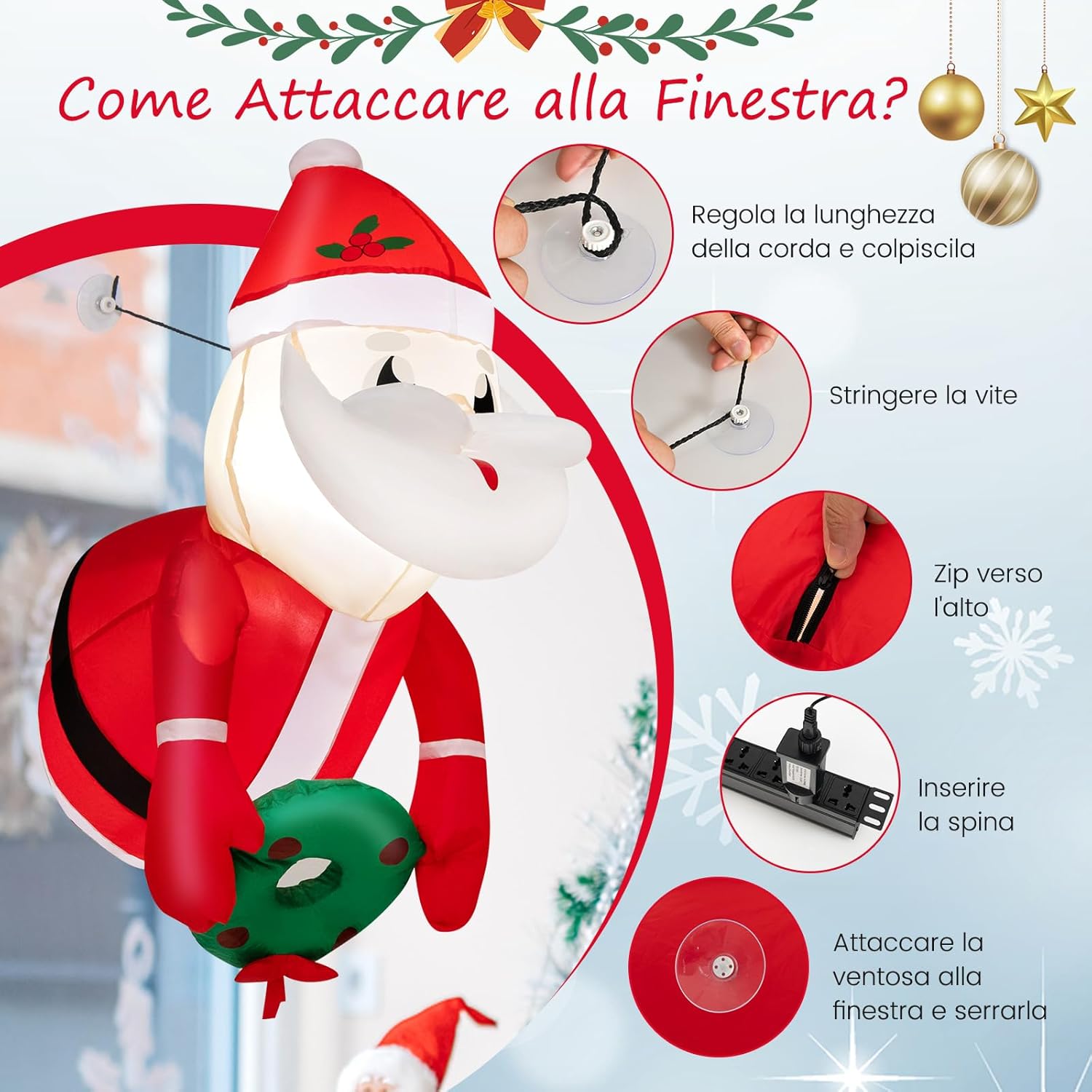 Babbo Natale Gonfiabile da 100 cm che Esce dalla Finestra, Decorazioni Natalizie Gonfiabili Appese alle Finestre con Luci LED Incorporate, per Feste, Interni, Esterni, Giardino