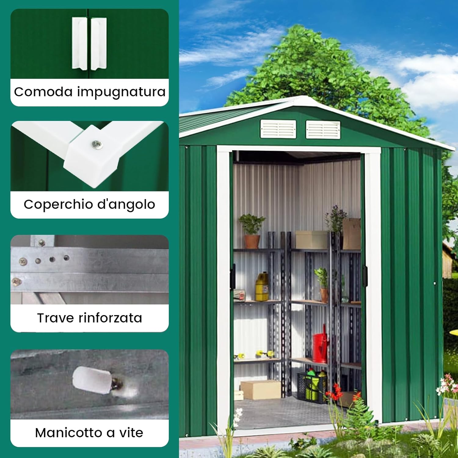 Casetta da Giardino in Acciaio 2,7㎡, con Base, Porte Scorrevoli, Maniglie, Sfoghi e Tettoia, Capanno da Esterno per Giardino, Fattoria e Cortile, 213 x 127 x 185 cm (Verde Scuro)