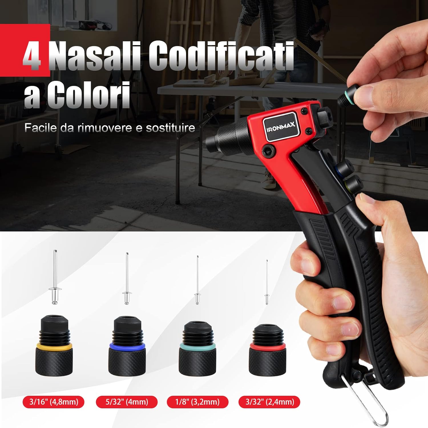 Rivettatrice Manuale con 4 Testa Intercambiabile, Pistola per Rivetti con 200 Pezzi Rivetti e Custodia per il Trasporto, per Automobili, Ferrovie, Mobili, Strumenti