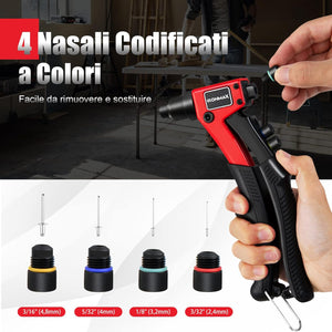 Rivettatrice Manuale con 4 Testa Intercambiabile, Pistola per Rivetti con 200 Pezzi Rivetti e Custodia per il Trasporto, per Automobili, Ferrovie, Mobili, Strumenti