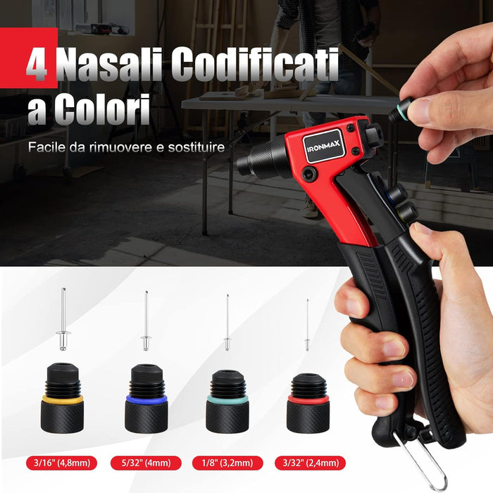 Rivettatrice Manuale con 4 Testa Intercambiabile, Pistola per Rivetti con 200 Pezzi Rivetti e Custodia per il Trasporto, per Automobili, Ferrovie, Mobili, Strumenti