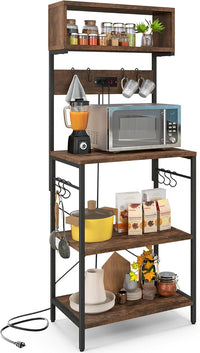 Mensola da Cucina, Supporto per Microonde con Presa Elettrica Ripiani Aperti e 10 Ganci Appendiabiti, Scaffale Multifunzionale per Cucina Soggiorno Bar, 60x42x153 cm