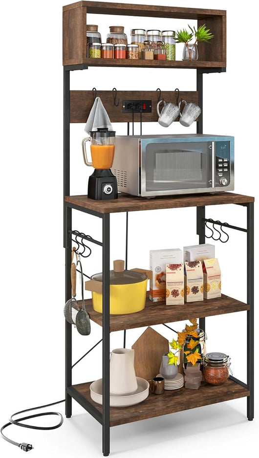Mensola da Cucina, Supporto per Microonde con Presa Elettrica Ripiani Aperti e 10 Ganci Appendiabiti, Scaffale Multifunzionale per Cucina Soggiorno Bar, 60x42x153 cm