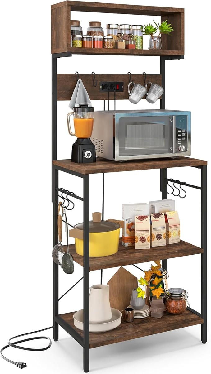 Mensola da Cucina, Supporto per Microonde con Presa Elettrica Ripiani Aperti e 10 Ganci Appendiabiti, Scaffale Multifunzionale per Cucina Soggiorno Bar, 60x42x153 cm