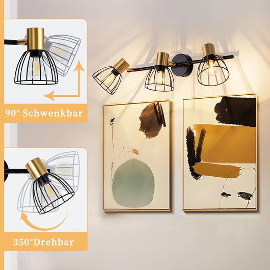 ZMH Applique vintage a 3 luci E14 nera orientabile a 350° per camera da letto o corridoio