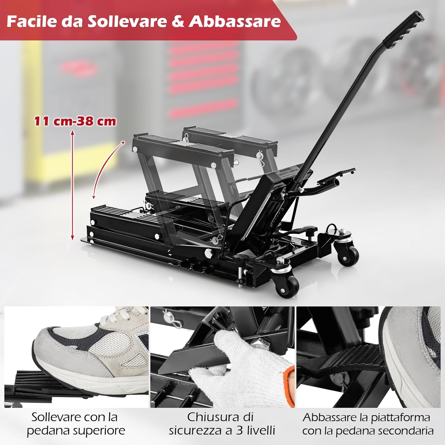 Ponte Sollevatore Idraulico per Moto, Sollevatore Motociclette Fino a 680 kg, Cric Alzamoto con Ruote e Piattaforma Regolabile in Altezza a Pedale Resistente per ATV, UTV per Officina (Nero)