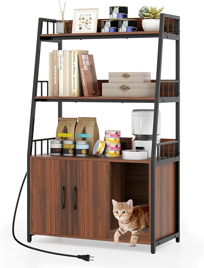 Mobile Lettiera per Gatti 80 x 40 x 132 cm, Credenza Soggiorno con Ripiani di Stoccaggio, Tiragraffi per Gatti, 2 Prese AC e Cuccia, Armadio Salvaspazio per Cuccia e Ingresso (Noce)